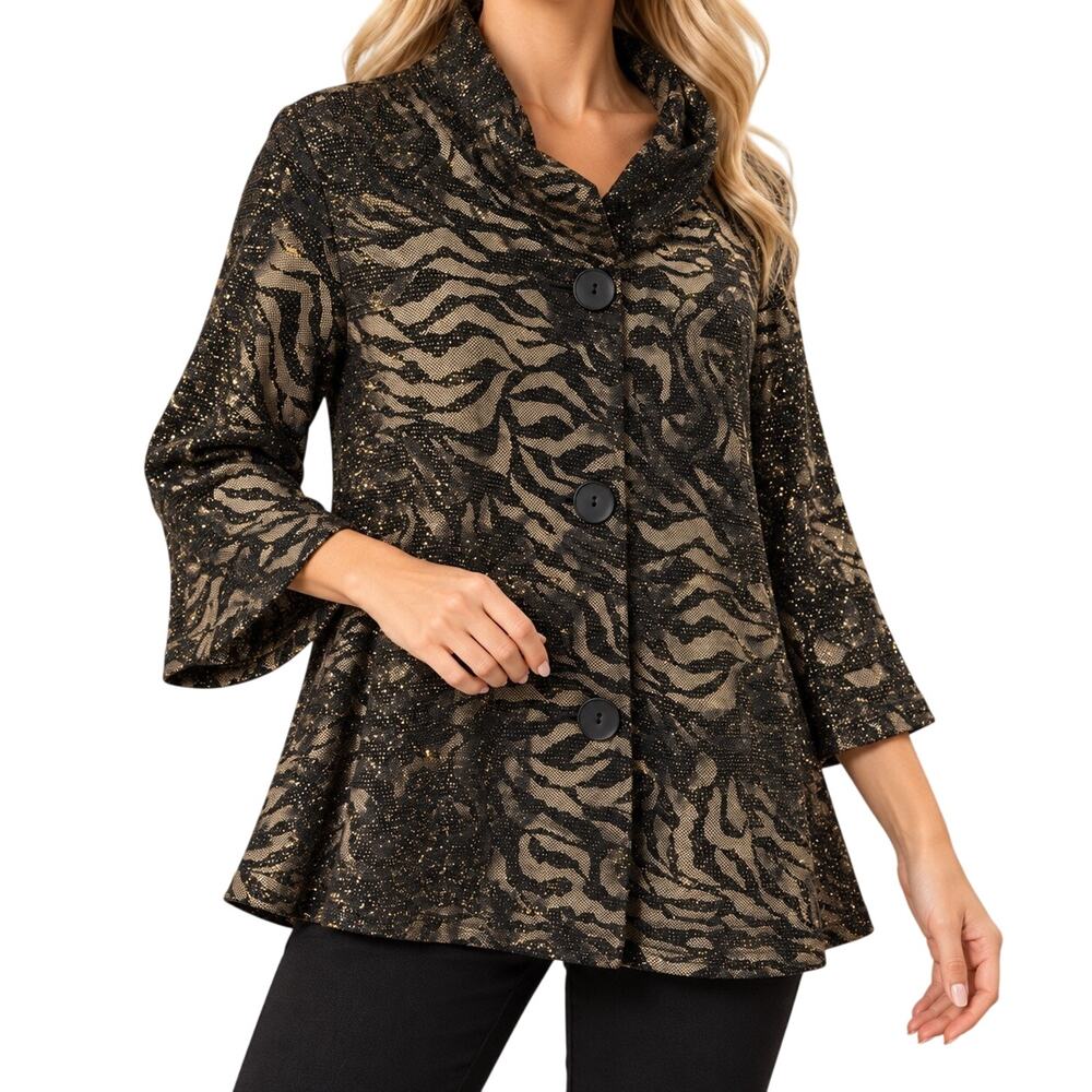DAMEE Sz Medium Black/ Metallic Gold Sparkly Formal Christmas Blouse Shirt Top